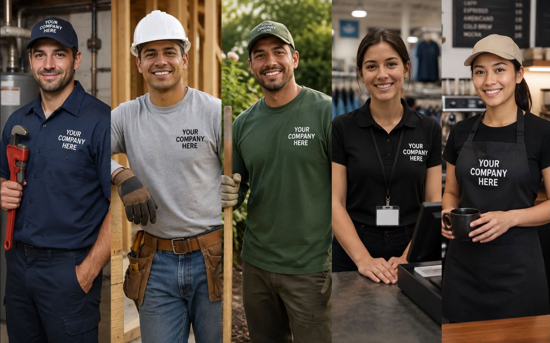 Workers in construction, landscaping, retail, and hospitality wearing custom branded apparel